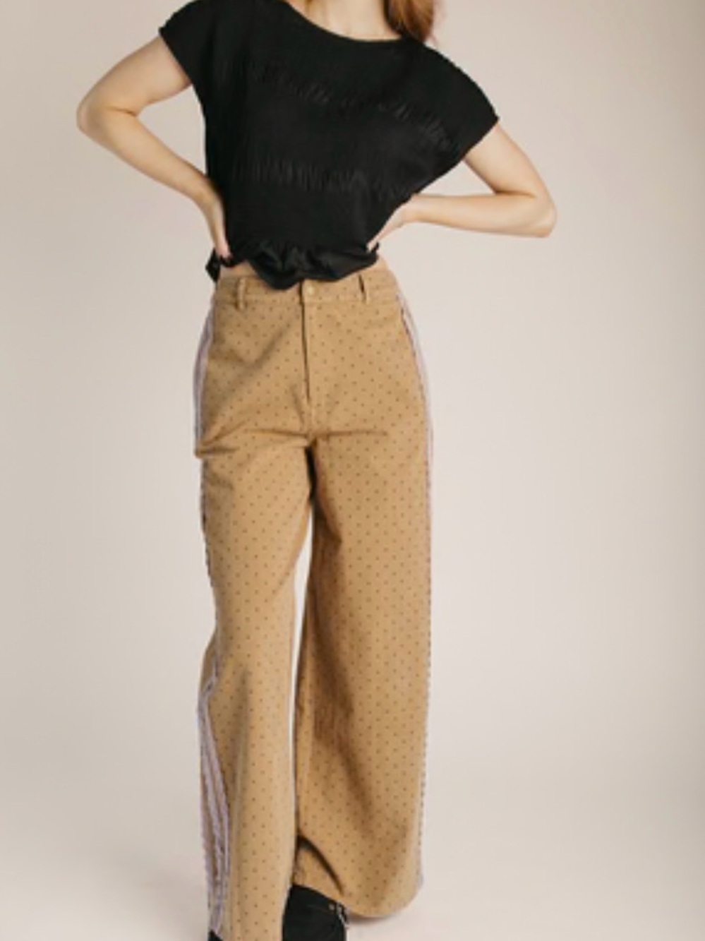 Wide-Leg Polka Dot Pants in Tan